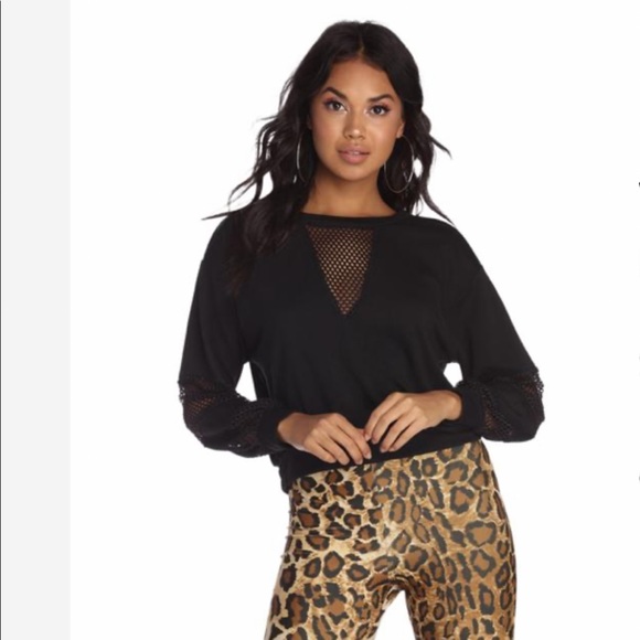 Windsor Sweaters - Windsor Black Crop Top Sweater with Mesh Details